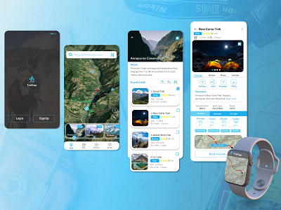 Hiking Trails through Mountains app blue branding design figma hiking logo maps mobile app mobile design mountains product smart watch ui ux watch