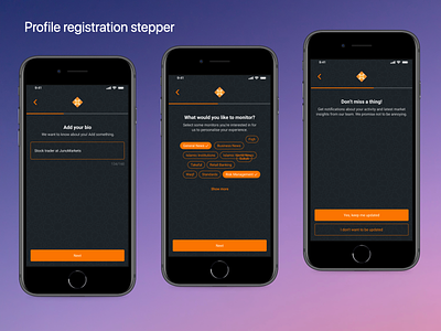 Multi step profile registration dark theme islamic finance mobile apps multi step registration stepper