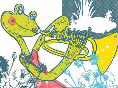 Blues Frog.Jpg 400px blues player childrens book frog illustration letterpress