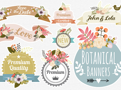 Botanical Banners badges banners bird botanical bouquets flowers illustration lace logo ornaments rose vector