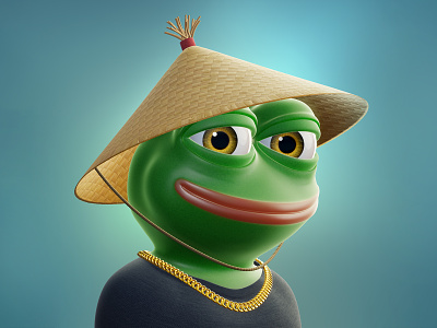 Pepe 3D Chinese hat Gold Necklace 3d avatar blender branding character design frog illustration nft pepe photoshop