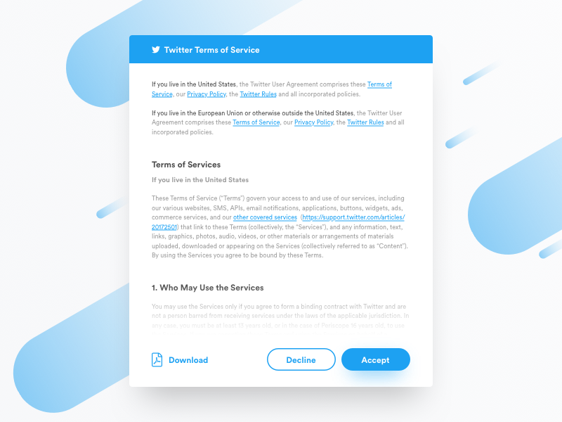 Daily UI #089 - Terms of Service dailyui daily ui ux ui inspiration concept minimal modal clean twitter tos terms of services