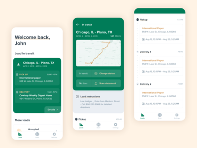 Logistics mobile app for drivers app clean delivery driver green loads logistics route saas scan scanning transit transport transportation truck trucking white