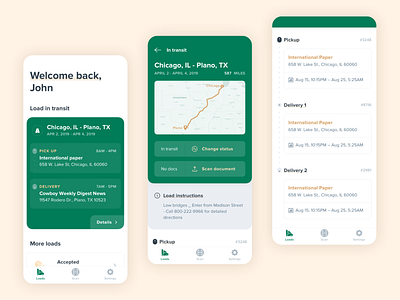 Logistics mobile app for drivers app clean delivery driver green loads logistics route saas scan scanning transit transport transportation truck trucking white