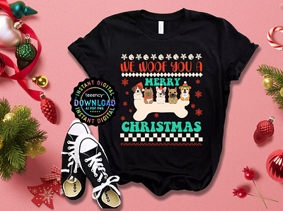 We Woof You A Merry Christmas T-shirt Design apparel branding christmas christmas shirt christmas t shirt design christmas tshirt design custom doodle art design fiverr graffiti graphic design illustration logo pod printful redbubble shirts sunfrog teespring ui