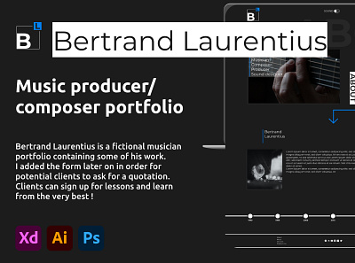 Bertrand Laurentius Musician Portfolio adobe illustrator adobe photoshop adobe xd dark design music music player persona portfolio ui design ux research
