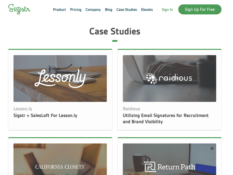 Sigstr Case Studies Hover Animation animation case studies email signatures gif green hover interaction saas sigstr ui web website