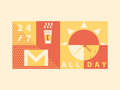 McDonalds All Day Breakfast Illo clock coffee email flat illustration mcdonalds pattern red sun texture type yellow