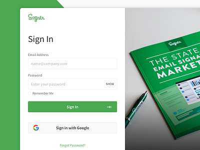 Sigstr App Login Refresh app email form green interface login martech product saas signatures ui ux