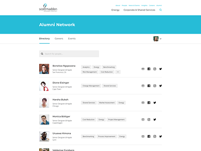 Alumni Network – People Directory alumni blue clean desktop directory directory listing flat minimal modern people simple tabs