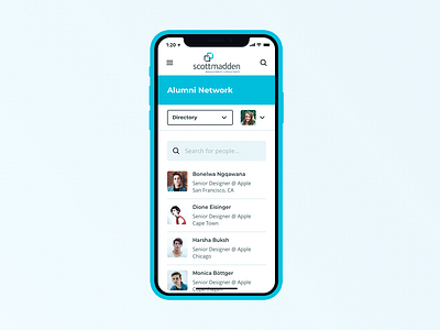 Alumni Network – Smartphone People Directory alumni blue clean directory list flat minimal mobile modern people search simple