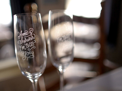 Champagne Flutes etched illustration lettering script type typography