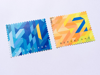 Dutch Stamp, 1, 2 blue dutch geomatric postage stamp yellow