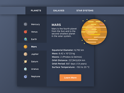 Dropdown dailyui dark ui dropdown flat design mars menu options planets space sub menu