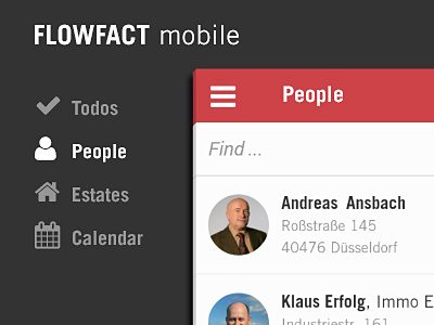 FLOWFACT mobile - people list app crm flat interface list mobile ui ux