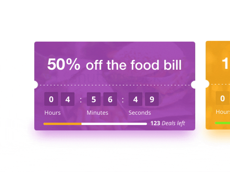 Deal coupons app cards coupon restaurant gif illustration timer inventory overlay ui