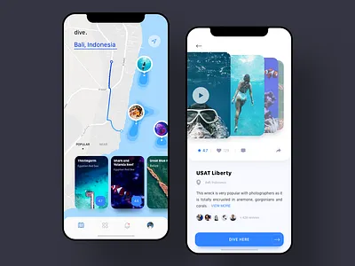 Diving App blue design designer diver diving flat clean simple ios mobile mobile ios iphone ocean place popular sea sketch top ui ui ux ux water