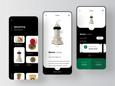 Antique Auction Betting Application app auction auctions augmented reality bet bets betting bid bids buy ecommerce lots product page profile page rondesign ticket