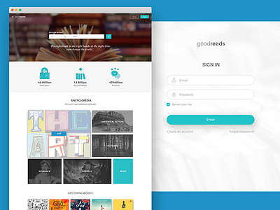 Home and signin page #Goodreads bio book bright cover page flat minimal review ui uxui