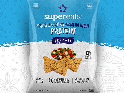 SuperEats Tortilla Chip Packaging blue branding chips food handlettering health illustration logo packaging type typography wave