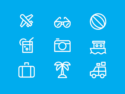 Travel Icons ball boat camera car drink icons line logo palm tree plane suitcase travel
