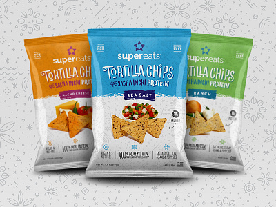 Super Eats Tortilla Chips Packaging chips design food healthy icon illustration logo packaging tortilla typography