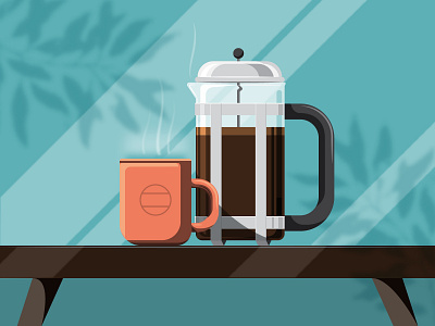 French Press Sunday brown coffee color design illustration illustrator mug orange table teal vector