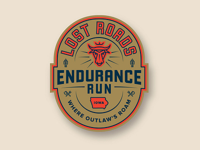 Lost Roads Endurance Run axe badge branding bull color design endurance gold illustration iowa logo lost navy orange pitchfork roads run running vector wheat