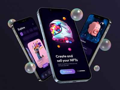 NFT Marketplace - Mobile App art bubble buy nft collection dark design graphic design illustration marketplace mobile mobile app nft nft marketplace purple sell nft ui ui design uidesign uiux