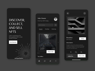 NFT Marketplace - Mobile App black white brutal brutalism bw dark design graphic design gray line marketplace minimal nft nft collection photography purple simple ui uidesign uiux