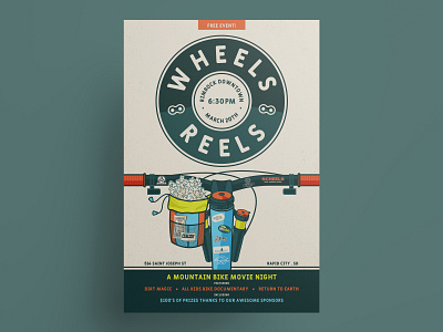 Wheels and Reels Poster anthonyboydgraphics graphic design illustration illustration design mockup mountain bike mountain bikes movie night poster design poster layout postermockup reels sponsor logos sponsors vector illustrations wheels