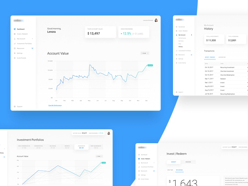 Investments dashboard chart clean crm dashboard interface investment invet redeem ui ux web