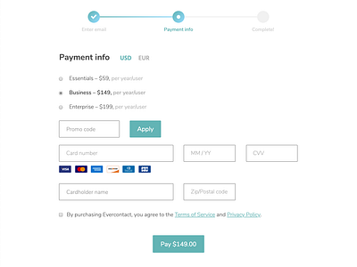 Evercontact payment flow design flow payment pricing simple website