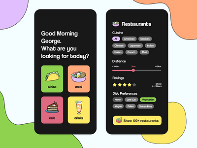 Daily UI 022: Search for Food App colorful daily ui darik mode filter food illustrations mobile restaurant search ui design