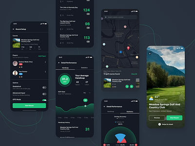 Holeswing - Dark Theme Version android app clean dark design futuristic game golf gps tracker ios maps mobile scoreboard scorecard social media statistics ui ux