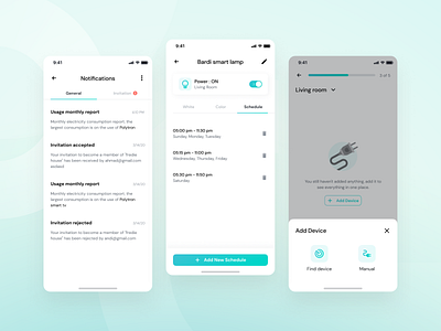 Oklahome - Notification, SmartLamp Schedule, and Add Device app chart clean dashboard design electronics home automation ios iot mobile app remote control smart device smart home app smarthome stats thermostats ui ui design ux ux design
