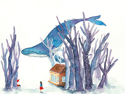 Girl and Whale blues fairytale fox girl house thanhxinh watercolorpainting whale