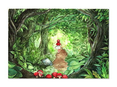 Red ridding hood fairytale forrest girl illustration thanhxinh watercolorpainting