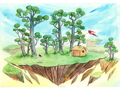 Dream Land dream dreamer dreamland girl illustration island kite kiterunner thanhxinh watercolorpainting