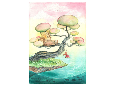 Dream Land 2 alone dreamland illustration sea thanhxinh tree treehouse watercolorpainting