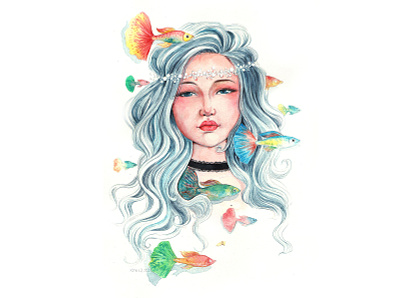 Silence alone color fish fishes girl illustration thanhxinh watercolorpainting
