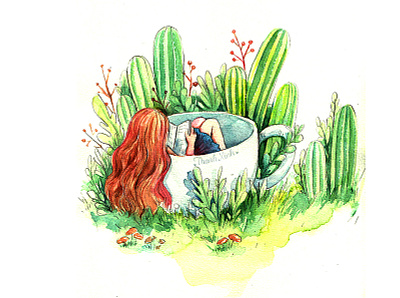 Dream Land 3 alone catus color dreamland fairytale girl illustration reading thanhxinh tree watercolorpainting