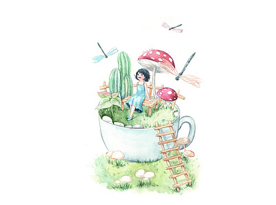 Little Garden alone dragonfly dreamland fairytale girl illustration thanhxinh watercolorpainting