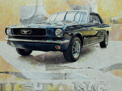 Blue and yellow Mustang america car chrome classic car drawing glass metal muscle cars mustang realistic reflection vintage