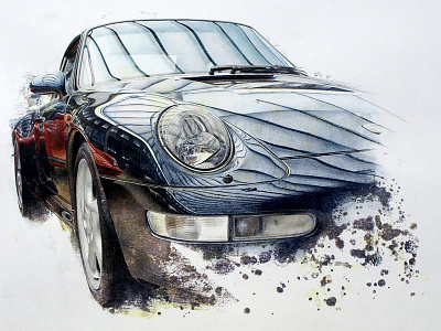 Black And Red Porsch car coloured pencil detail drawing head light porsche reflection