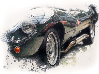 Green Jag Side classic car coloured pencils detail drawing jaguar metal photo realistic reflection vintage vintage art