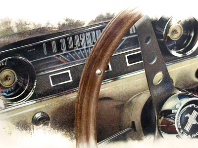 Mustang Dashboard chrome classic car coloured pencil dashboard drawing muscle car mustang steering wheel vintage vintage art