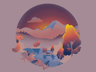 Squirrel 🌰 app autumn color digitalart flat flatdesign gradient illustration lake landscape mountain procreate squirell sunset texture ui ux vector