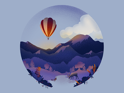 Air Balloon 🎈 adventure airballoon colors deer digitalart gradient grain texture homepage illustration landscape moutain procreate sunrise texture ui ux vector