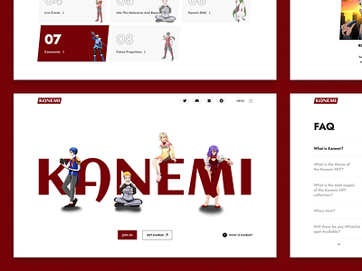 Kanemi website design branding crypto design faq page graphic design home page illustration kanemi logo minimalistic nft nft collection red red theme red website roadmap team page ui web 3.0 website design